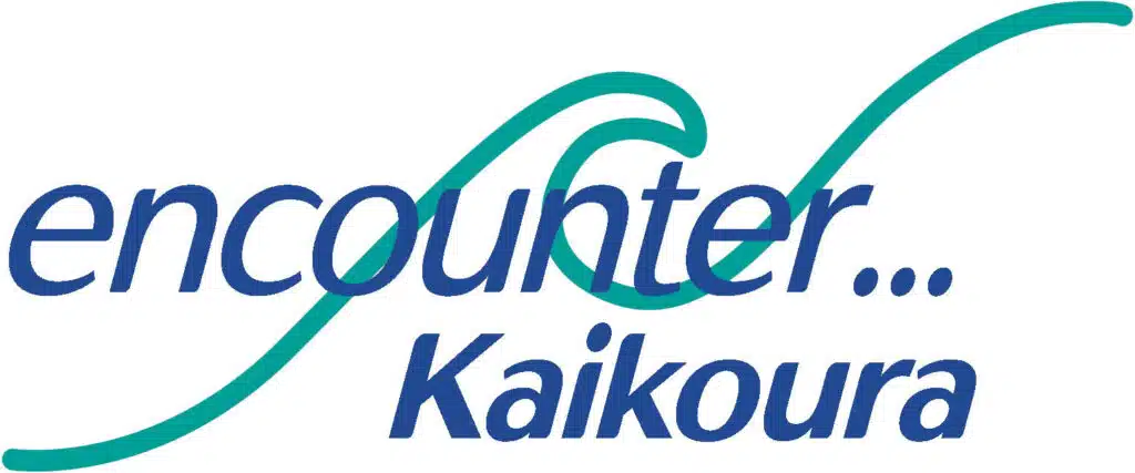 Encounter Kaikoura logo featuring blue italicized text with a teal curved wave design element above it.