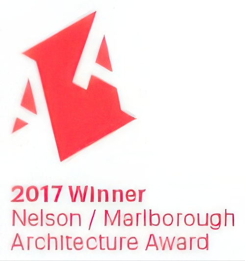 Red abstract geometric logo with angular shapes above text reading 2017 Winner Nelson / Marlborough Architecture Award in pink text.