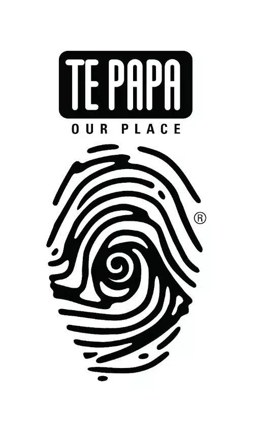 Te Papa Our Place logo featuring a black rounded rectangle containing white text above a stylized fingerprint design with spiral center and registered trademark symbol.