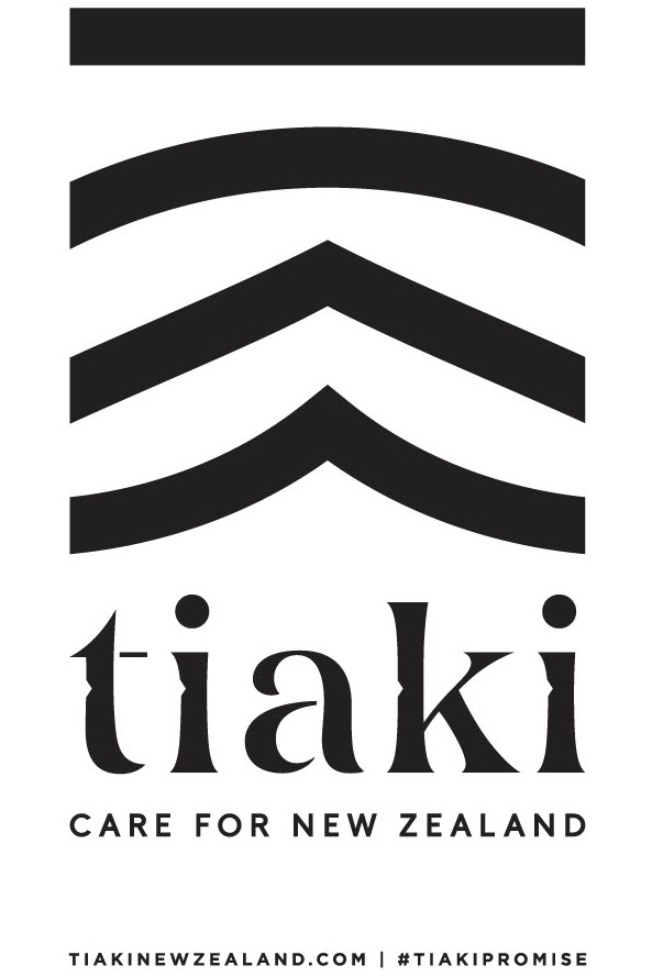 Tiaki logo featuring a straight line at top, curved arch, and two chevron stripes in black, with tiaki text and CARE FOR NEW ZEALAND tagline below, website and hashtag at bottom.