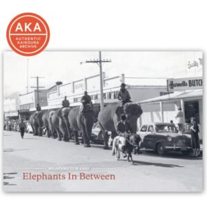 Vintage black and white photograph of a parade of elephants walking down a town street lined with storefronts and 1950s automobiles, from the Mountains to Sea and Elephants in Between exhibition at Kaikōura Museum.
