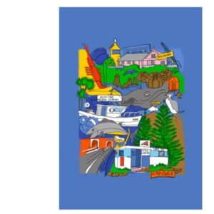 Colourful illustrated collage representing Kaikōura, New Zealand, featuring local landmarks, buildings, whales, dolphins, trains, and boats against a blue background, with Kaikōura text at the bottom.