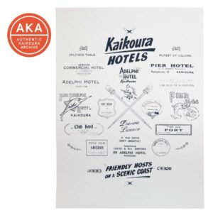 Vintage advertisement for Kaikōura Hotels featuring the Adelphi Hotel and Pier Hotel, with illustrated logos for local businesses and attractions, displayed at Kaikōura Museum.
