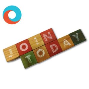 Colorful wooden blocks arranged in a zigzag pattern spelling GOOD in white letters, with blocks in red, natural wood, orange, and green colors displayed against a white background.
